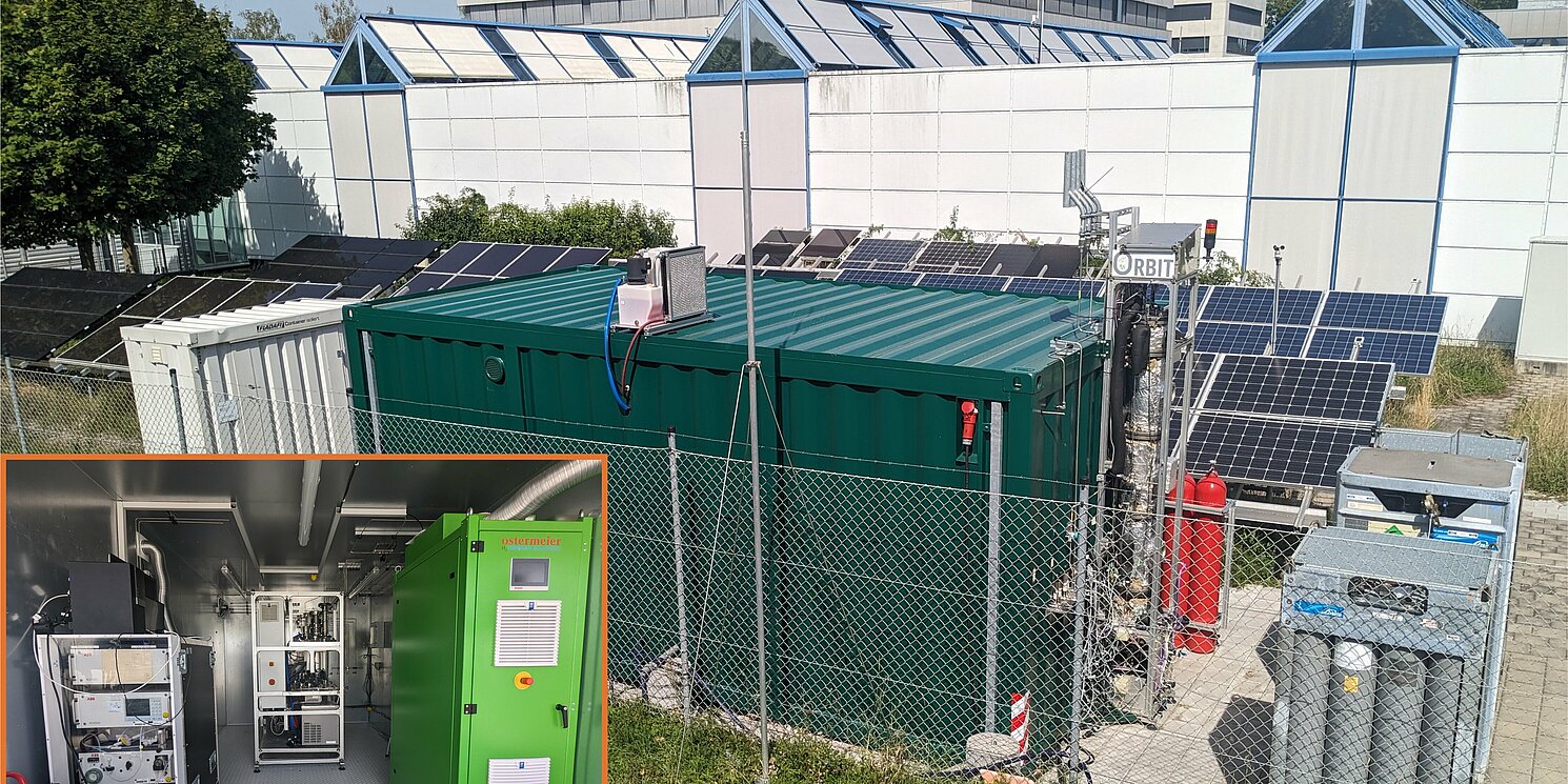 Abbildung 1: Containerisierte Power-to-Gas Anlage "ORBIT-Demo" inkl. Blick in die Anlage. Wasserstoff wird mittels PEM-Elektrolyse produziert und dann im Rieselbett-Reaktor zu Methan weiterverarbeitet.