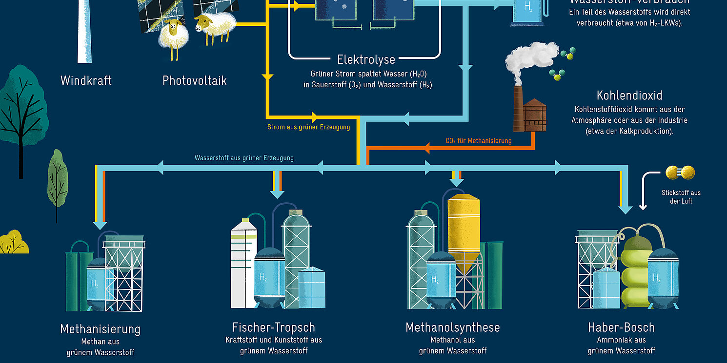 Grundlage für die gesamte Wertschöpfungskette grüner PtX sind die Erneuerbaren Energien, in der Elektrolyse entsteht Wasserstoff. Methan, Methanol, syntehtische Kraftstoffe und Ammoniak können mittels Wasserstoff erzeugt werden.